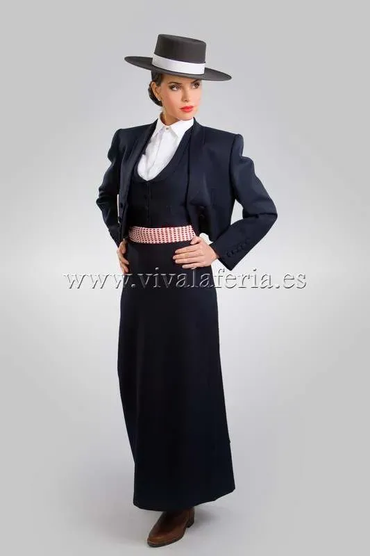 VIVA LA FERIA-MODA FLAMENCA Traje de Amazona Azul Marino Paseo Triana tenue d’amazone