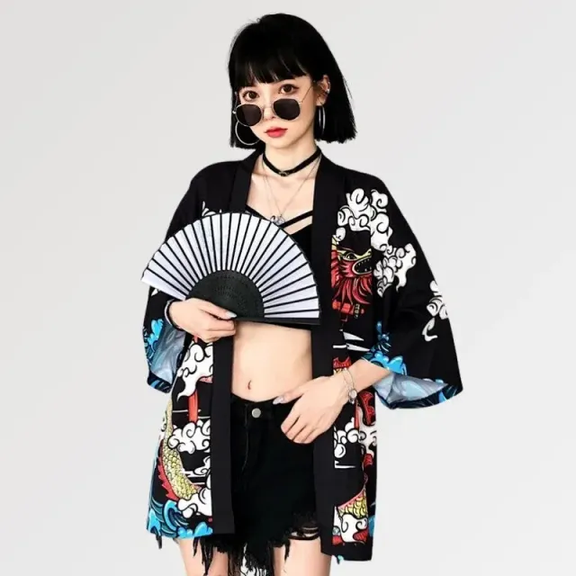 Japon style cardigan kimono Saori dragon Torii polyester