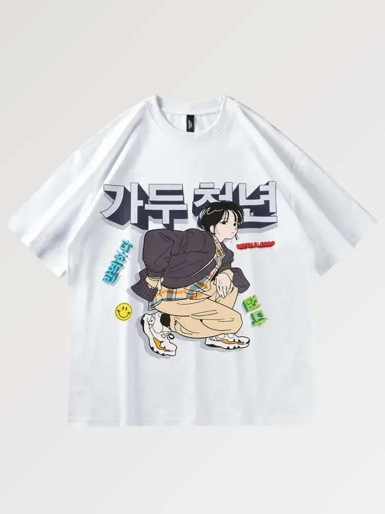 Japon style Cartoon t-shirt kanji japonais streetwear
