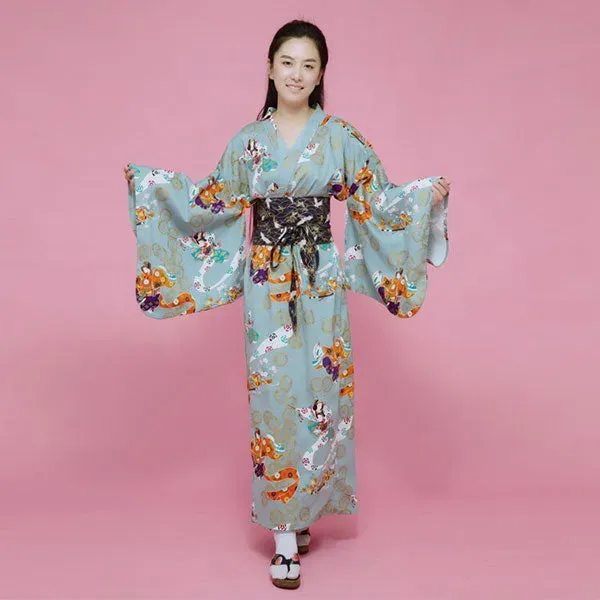 Esprit du Japon yukata femme geisha coton vert d'eau + obi