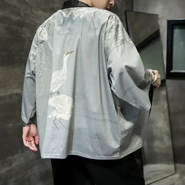 Japon style tamotsu veste kimono homme grise oiseaux
