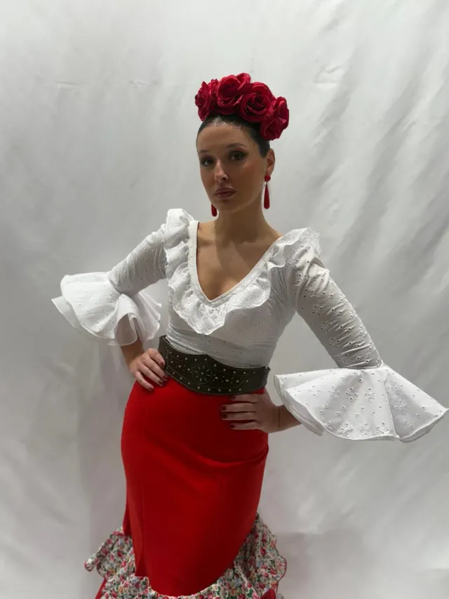 VIVA LA FERIA Blouse Rociera blanche perforée manches longues