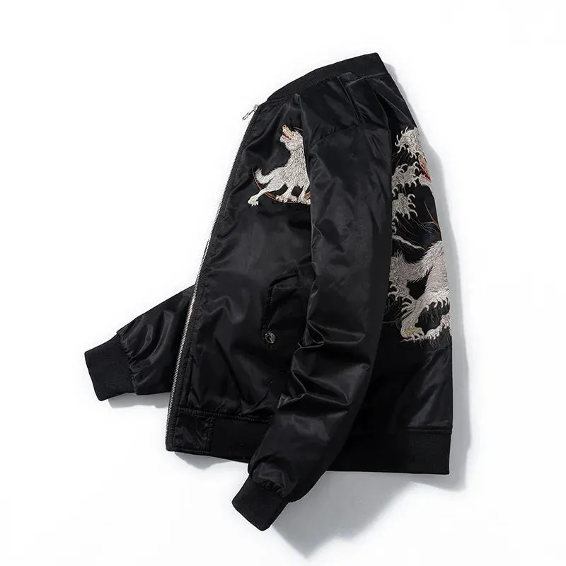 Esprit du Japon blouson sukajan loup vagues brodé noir