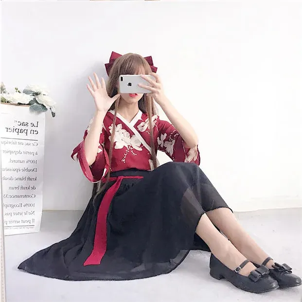 Esprit du Japon robe kimono fleurie ceinture obi rouge