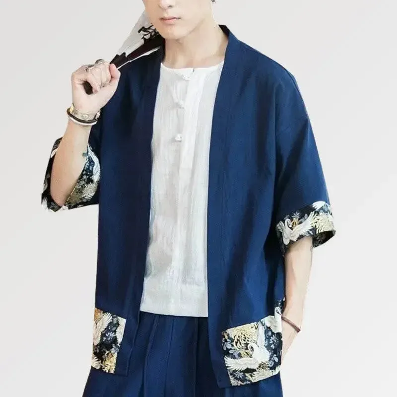 Japon style Arata veste kimono homme bleu grues