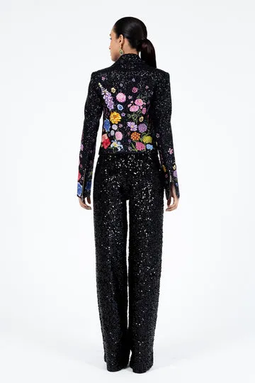 Rahul Mishra Valley of Flowers veste motard satin noire