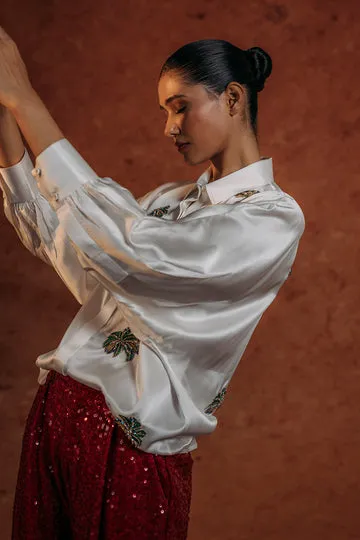 Rahul Mishra Palm chemise satin soie ivoire brodée