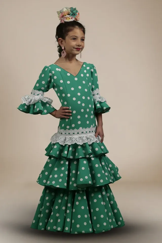Viva La Feria Romera robe fille vert eau pois