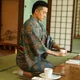 Esprit du Japon kimono homme sakana satin bleu canard + obi