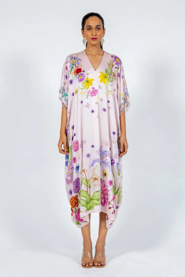 Rahul Mishra Valley of Flowers caftan satin soie rose