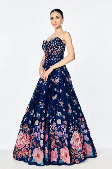 Rahul Mishra Organza Cape Embellished With Bold Botanical Bouquet Motifs cape bleu marine