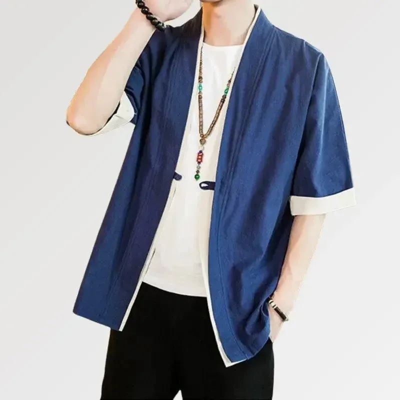 Japon style bleu Hideki veste kimono homme coton lin
