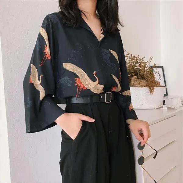 Esprit du Japon chemise haori satinée grues dorées
