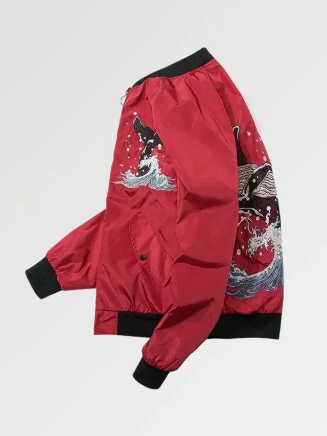 Japon style Bomber Japonais ‘wave X Whale’ veste brodée