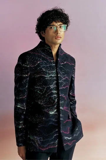 Rahul Mishra Pointillism bandhgala brodé main bleu marine