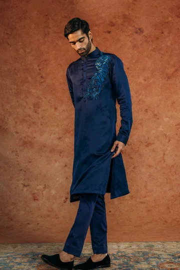 Rahul Mishra Sundarbans kurta satin bleu marine brodé