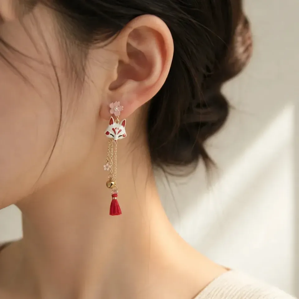 Esprit du Japon boucles d’oreilles renard éventail asymétriques