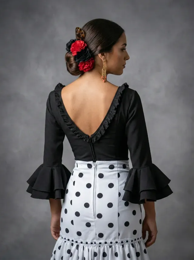 VIVA LA FERIA Camisa Flamenca blouse rociera noire plissée à volants