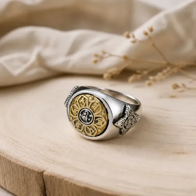 Esprit du Japon mandala bague homme médaillon gravé