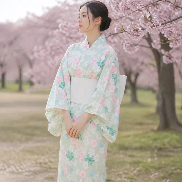 Esprit du Japon Kimono long fleuri à obi large polyester