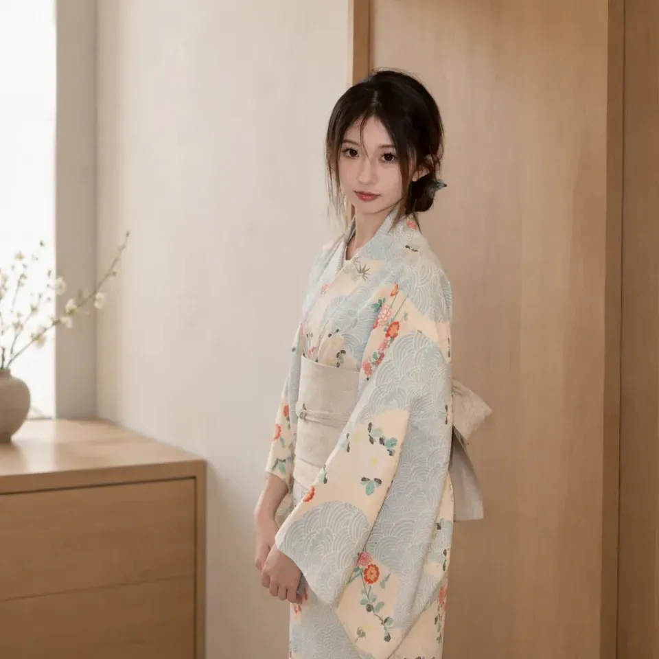 Esprit du Japon robe kimono motif floral vagues polyester