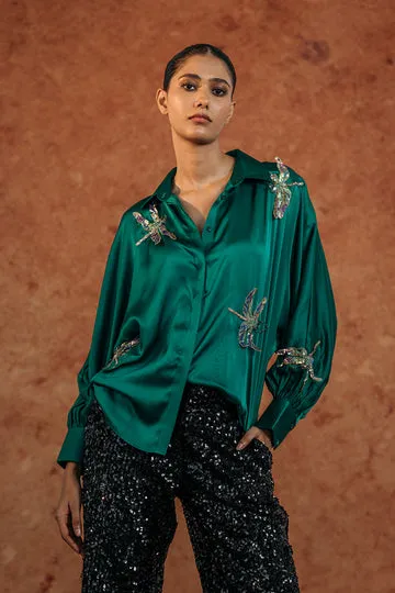 Rahul Mishra Drangonfly Silk Satin Shirt vert émeraude motif