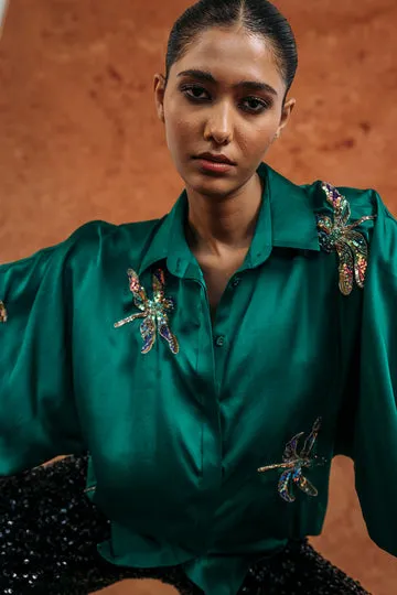 Rahul Mishra Drangonfly Silk Satin Shirt vert émeraude motif