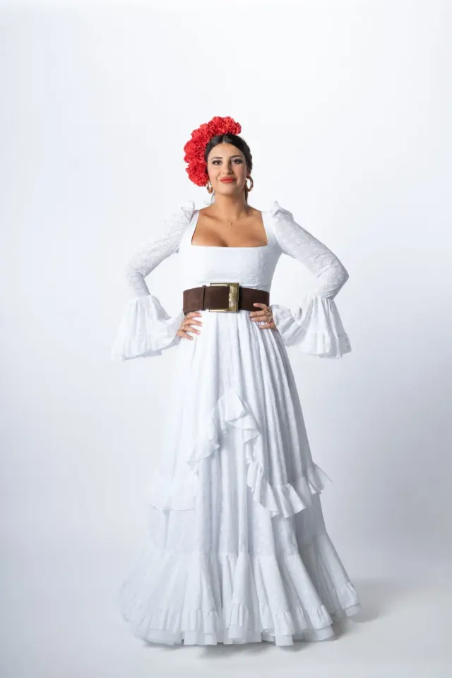 VIVA LA FERIA-MODA FLAMENCA Almonte robe flamenca blanche canastero