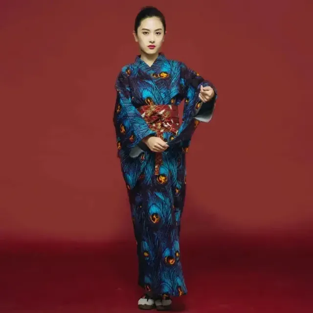 Japon Style Sanaé Kimono Femme Satin Taille S Plumes de Paon