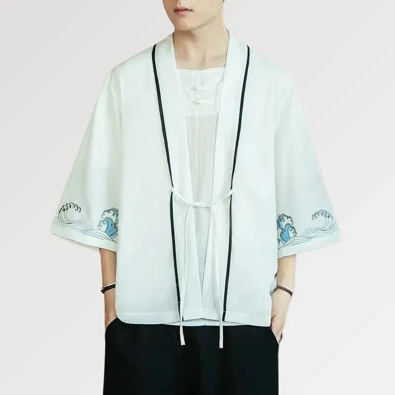 Japon style vague Kanagawa veste kimono blanche coton