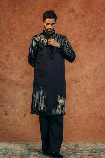 Rahul Mishra Jharokha Silk Satin Kurta kurta ivoire en satin de lin