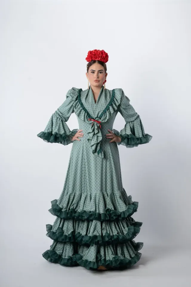 Viva La Feria Serena robe flamenca vert sauge pois