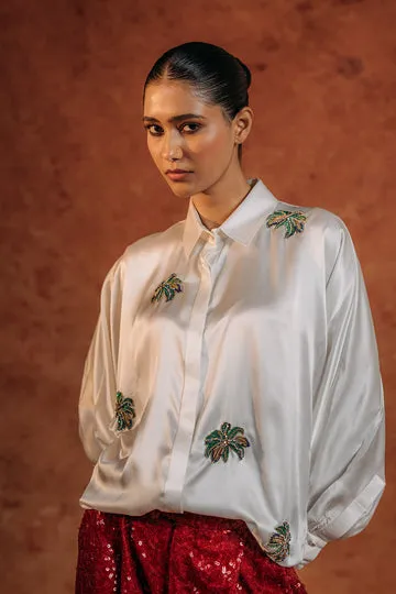 Rahul Mishra Palm chemise satin soie ivoire brodée