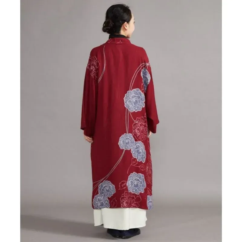 Japon style kimono long rouge veste femme pivoine