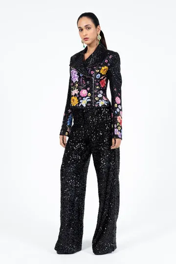 Rahul Mishra Valley of Flowers veste motard satin noire