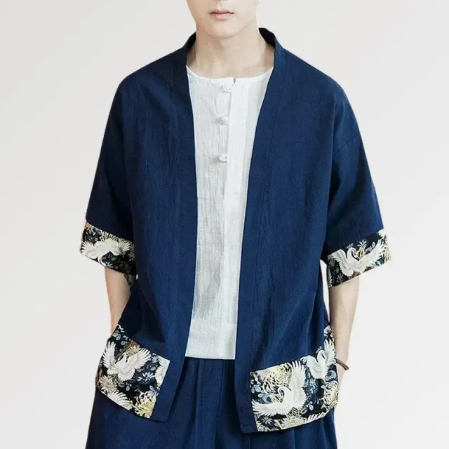 Japon style Arata veste kimono homme bleu grues