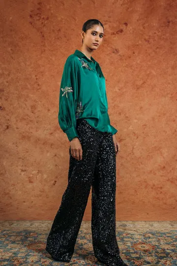 Rahul Mishra Drangonfly Silk Satin Shirt vert émeraude motif
