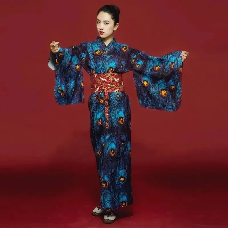 Japon Style Sanaé Kimono Femme Satin Taille S Plumes de Paon