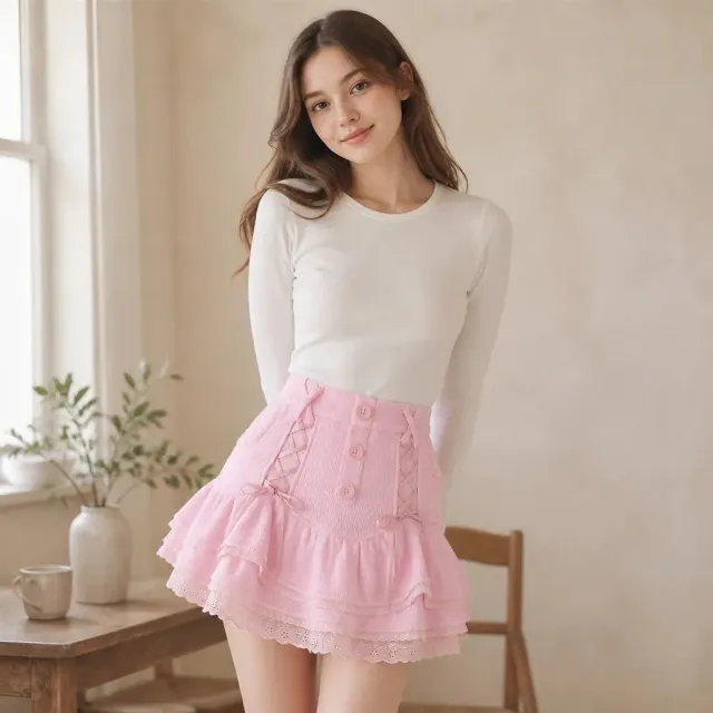 Esprit du Japon Jupe évasée taille haute rose tricot