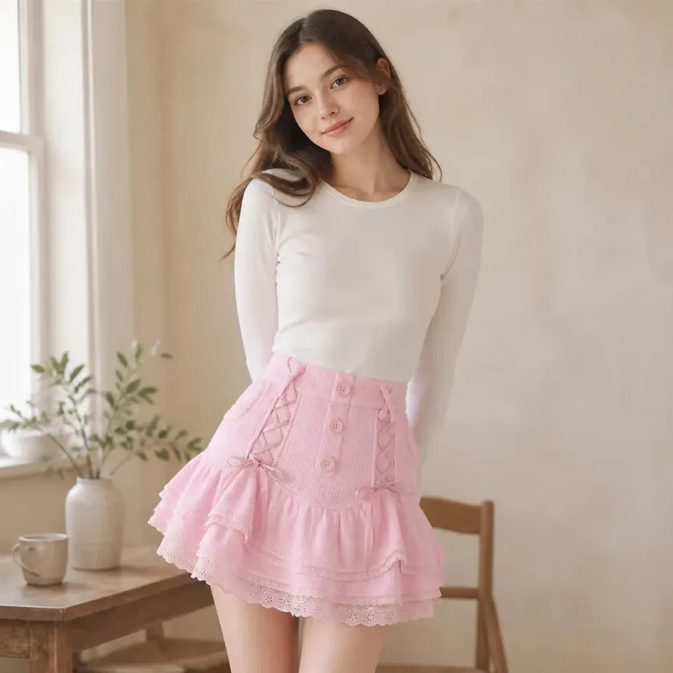 Esprit du Japon Jupe évasée taille haute rose tricot
