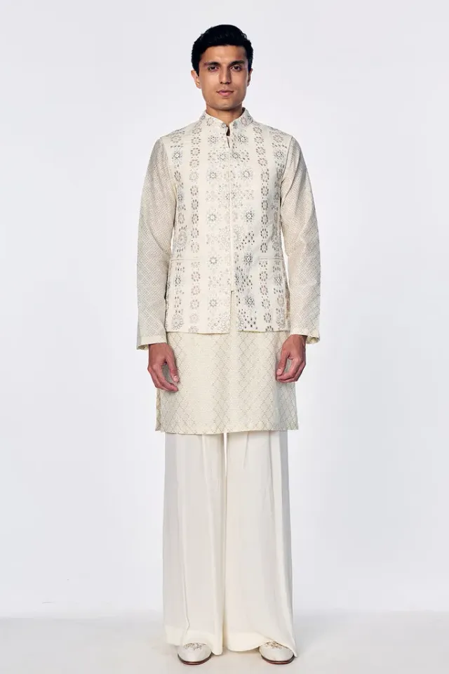 Rahul Mishra Bandi gilet brodé géométrique ivoire