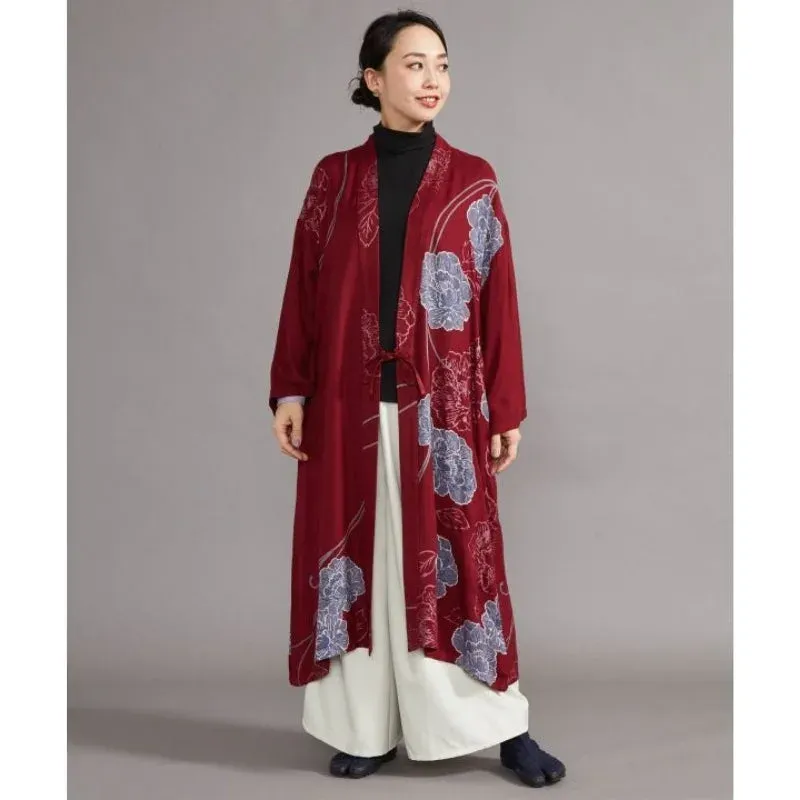 Japon style kimono long rouge veste femme pivoine