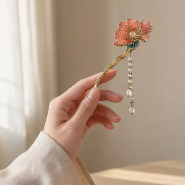 Esprit du Japon Épingle Cheveux Pivoine Perles Métal