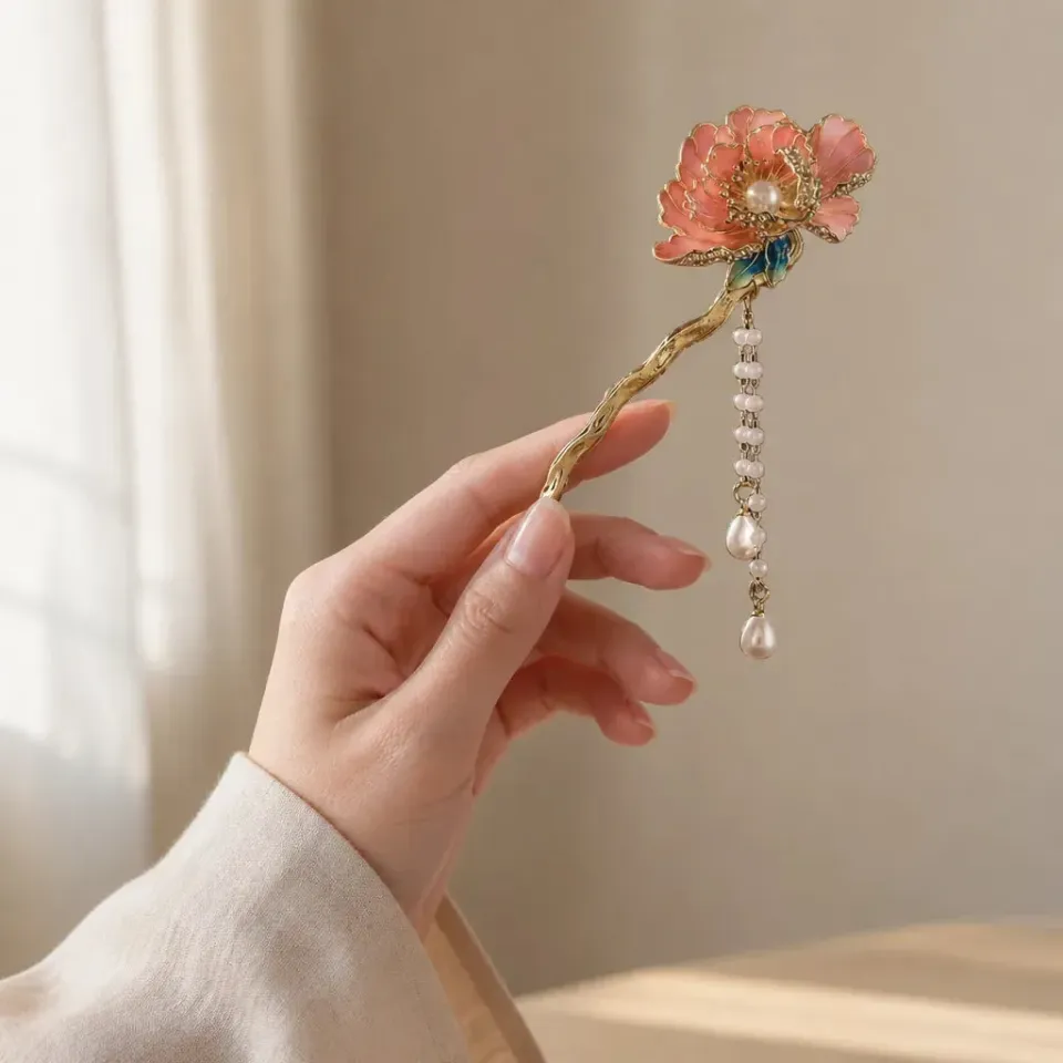 Esprit du Japon Épingle Cheveux Pivoine Perles Métal