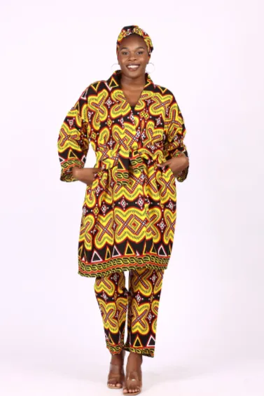 KAVAZI Long Kimono And Pant And Head Wrap ensemble 3 pièces