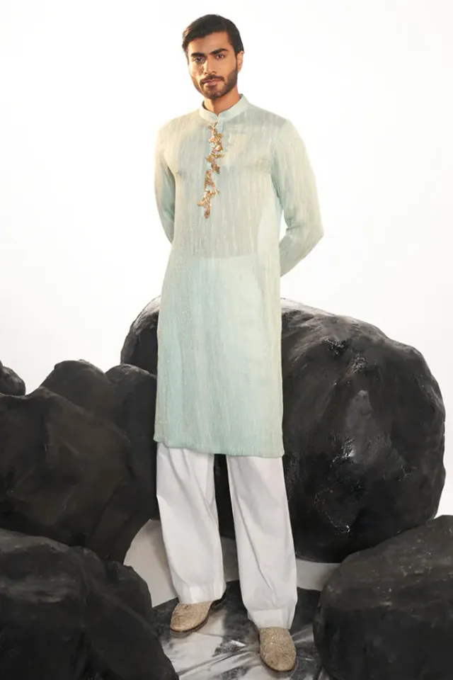 Rahul Mishra Cosmos 3D Hand-Embroidered Kurta aqua teal