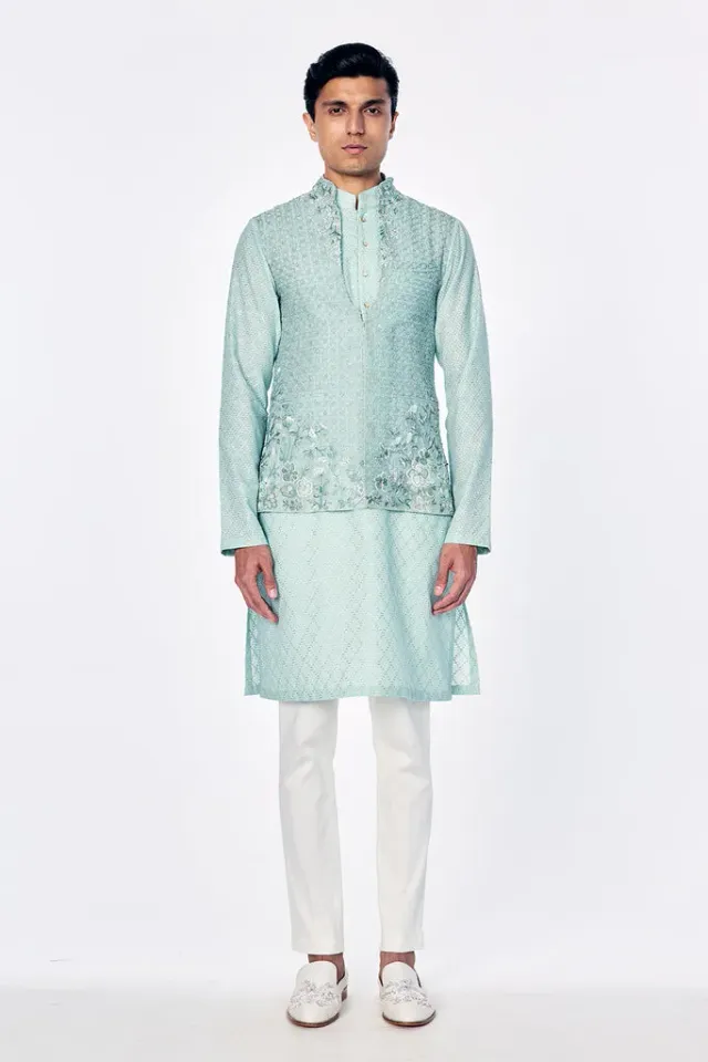 Rahul Mishra Zenith Silk Organza Bandi menthe brodée