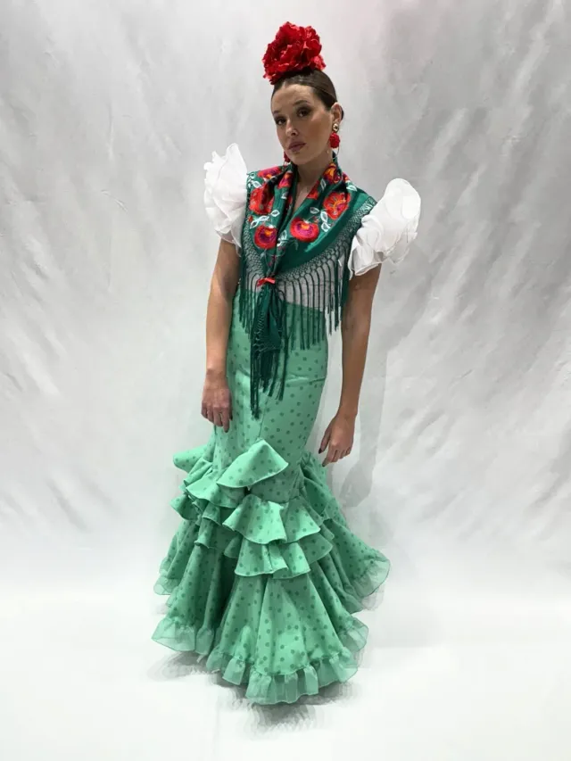 Viva la Feria Primor jupe flamenca verte à pois