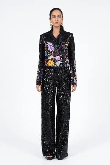 Rahul Mishra Valley of Flowers veste motard satin noire