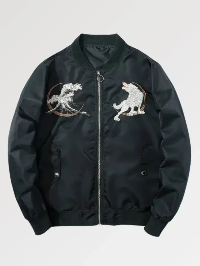 Japon style Okami Wolf bomber broderie loup
